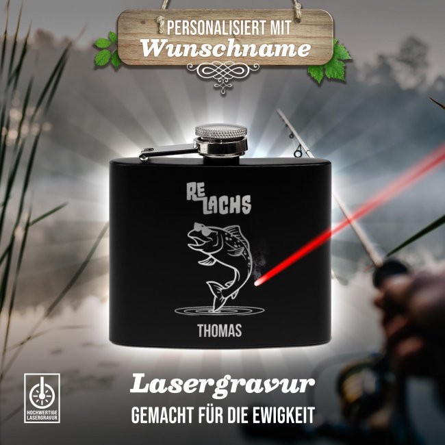 Personalisierter Flachmann f&uuml;r Angler - Re Lachs - mit Name - zwei Gr&ouml;&szlig;en