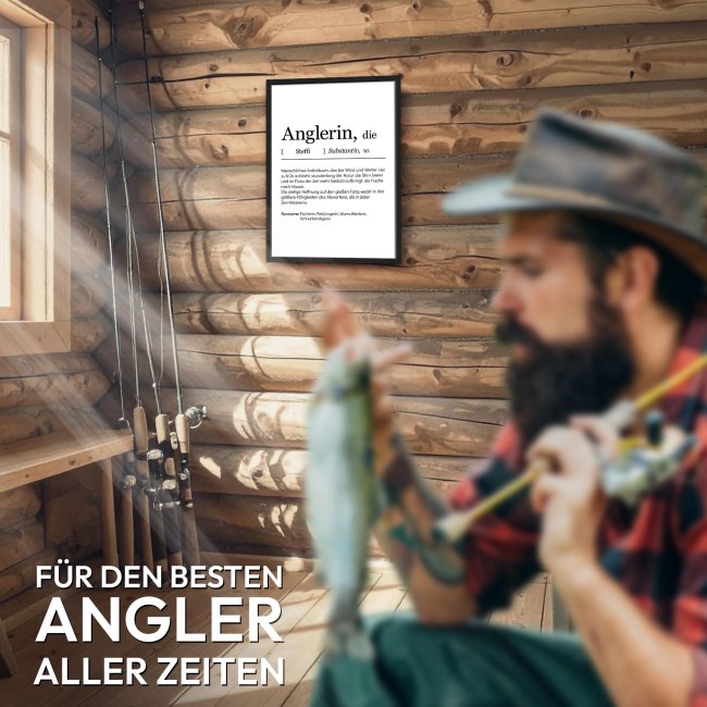 Fotodruck mit Bilderrahmen - Duden Anglerin, mit Name - Hochformat, schwarzer Rahmen