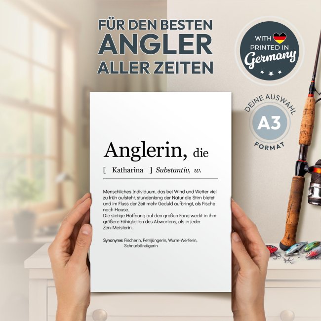 Poster - Duden Anglerin, mit Name - 200 g/m&sup2; Fotopapier, A3 Hochformat
