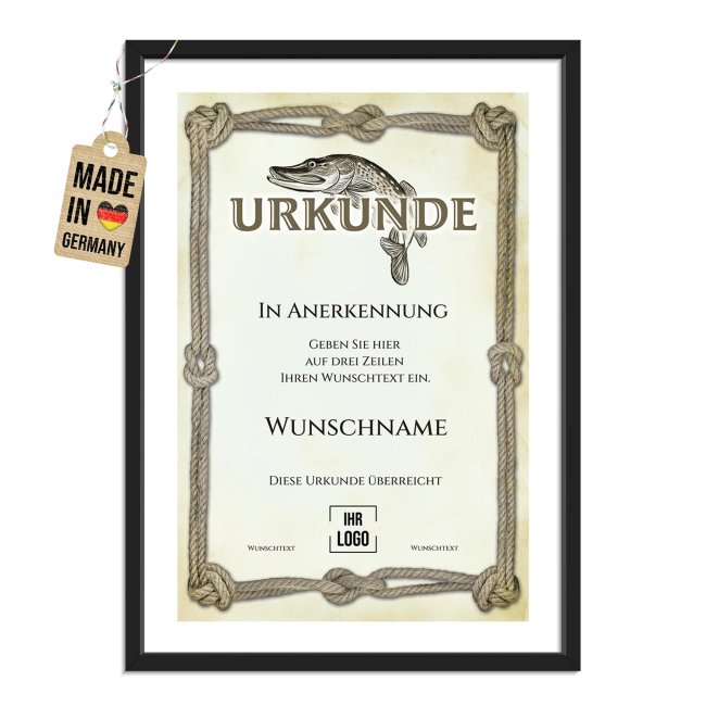 Fotodruck mit Bilderrahmen - Urkunde Angler, mit Bild &amp; Text - Hochformat, schwarzer Rahmen