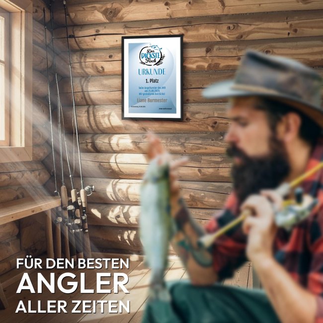 Fotodruck mit Bilderrahmen - Urkunde Kreis Angeln, mit Text - Hochformat, schwarzer Rahmen