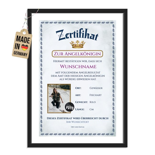 Fotodruck mit Bilderrahmen - Zertifikat Angelk&ouml;nigin, mit Bild &amp; Text - Hochformat, schwarzer Rahmen