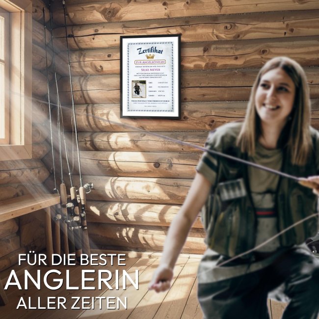 Fotodruck mit Bilderrahmen - Zertifikat Angelk&ouml;nigin, mit Bild &amp; Text - Hochformat, schwarzer Rahmen