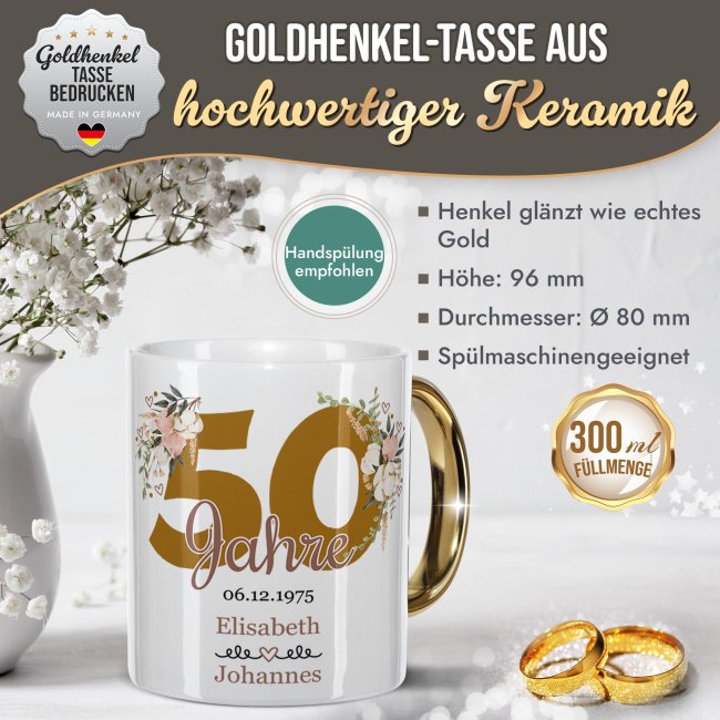 Tasse mit Goldhenkel zur Goldhochzeit - 50 Jahre floral - mit Namen und Datum