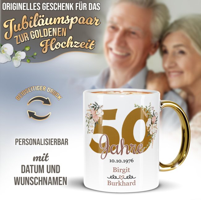 Tasse mit Goldhenkel zur Goldhochzeit - 50 Jahre floral - mit Namen und Datum