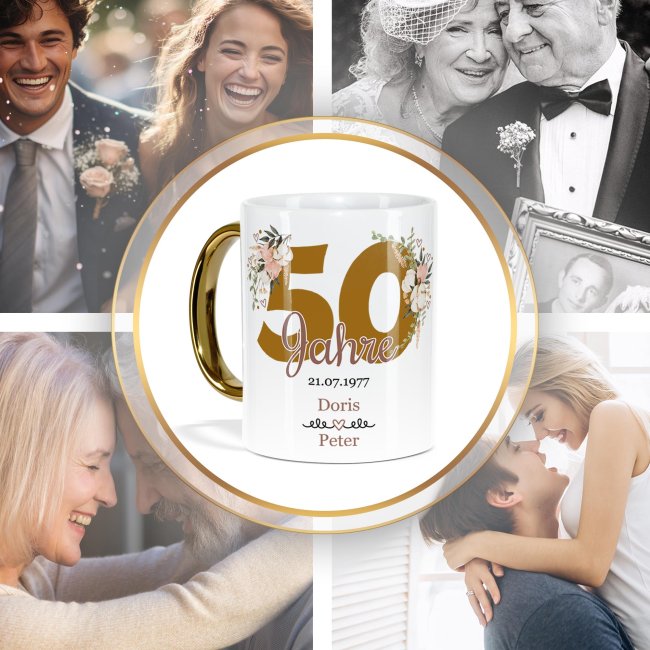 Tasse mit Goldhenkel zur Goldhochzeit - 50 Jahre floral - mit Namen und Datum