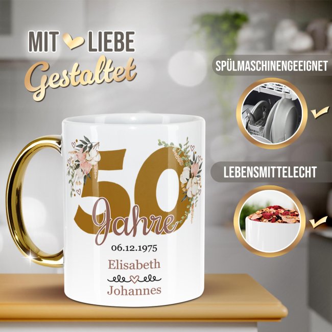 Tasse mit Goldhenkel zur Goldhochzeit - 50 Jahre floral - mit Namen und Datum
