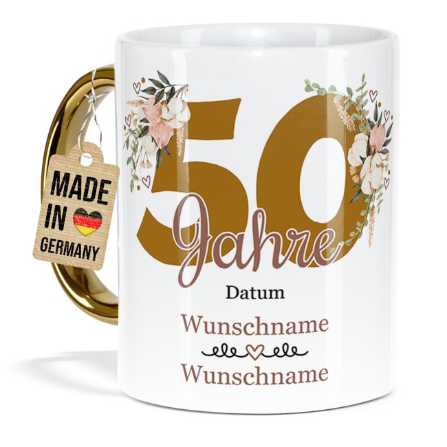 Tasse mit Goldhenkel zur Goldhochzeit - 50 Jahre floral - mit Namen und Datum
