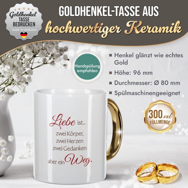 Tasse mit Goldhenkel zur Silberhochzeit - 25 Jahre Liebe ist ein Weg - mit Namen und Datum