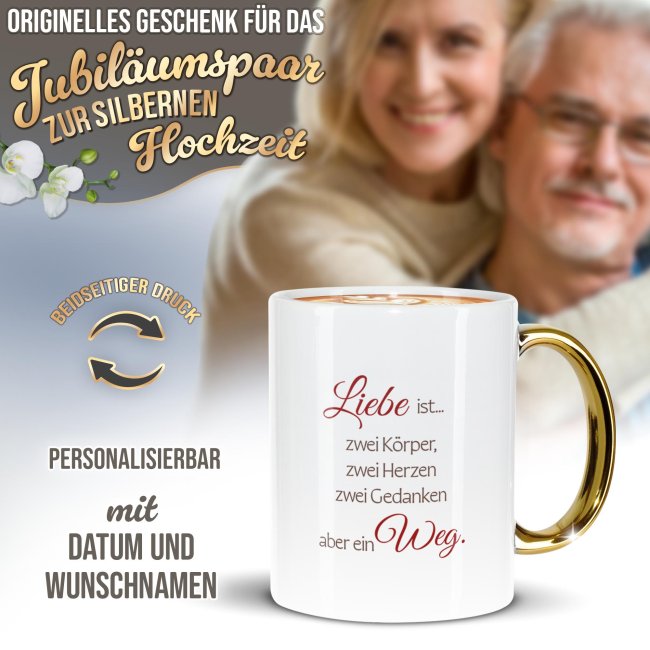 Tasse mit Goldhenkel zur Silberhochzeit - 25 Jahre Liebe ist ein Weg - mit Namen und Datum