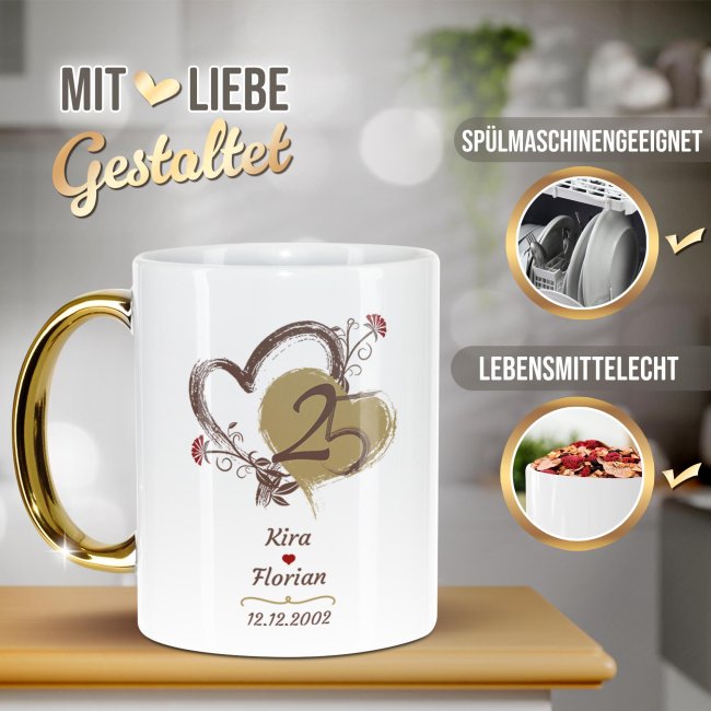 Tasse mit Goldhenkel zur Silberhochzeit - 25 Jahre Liebe ist ein Weg - mit Namen und Datum