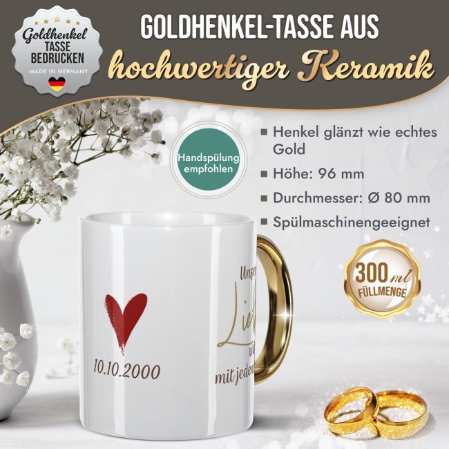 Tasse mit Goldhenkel zur Silberhochzeit - 25 Jahre Unsere Liebe w&auml;chst mit jedem Jahr - mit Namen und Datum