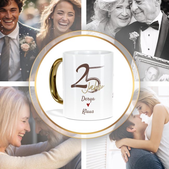 Tasse mit Goldhenkel zur Silberhochzeit - 25 Jahre Unsere Liebe w&auml;chst mit jedem Jahr - mit Namen und Datum