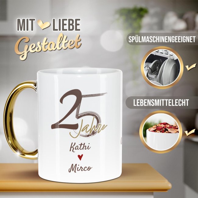 Tasse mit Goldhenkel zur Silberhochzeit - 25 Jahre Unsere Liebe w&auml;chst mit jedem Jahr - mit Namen und Datum