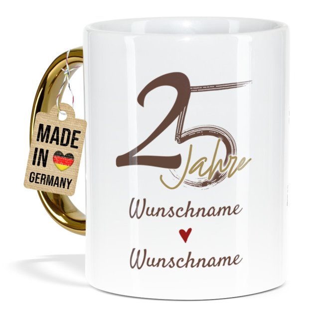 Tasse mit Goldhenkel zur Silberhochzeit - 25 Jahre Unsere Liebe w&auml;chst mit jedem Jahr - mit Namen und Datum