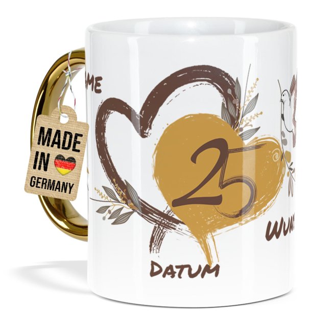 Tasse mit Goldhenkel zur Silberhochzeit - 25 Jahre Tauben - mit Namen und Datum