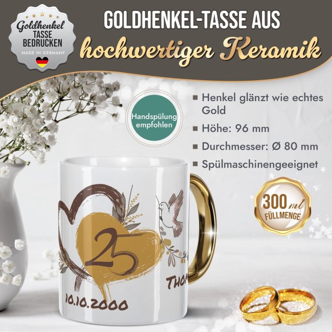 Tasse mit Goldhenkel zur Silberhochzeit - 25 Jahre Tauben - mit Namen und Datum