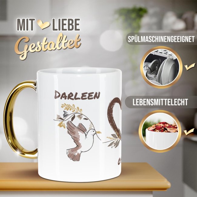 Tasse mit Goldhenkel zur Silberhochzeit - 25 Jahre Tauben - mit Namen und Datum