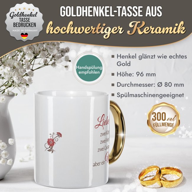 Tasse mit Goldhenkel zur Goldhochzeit - 50 Jahre Liebe ist ein Weg - mit Namen und Datum