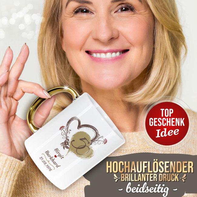 Tasse mit Goldhenkel zur Goldhochzeit - 50 Jahre Liebe ist ein Weg - mit Namen und Datum