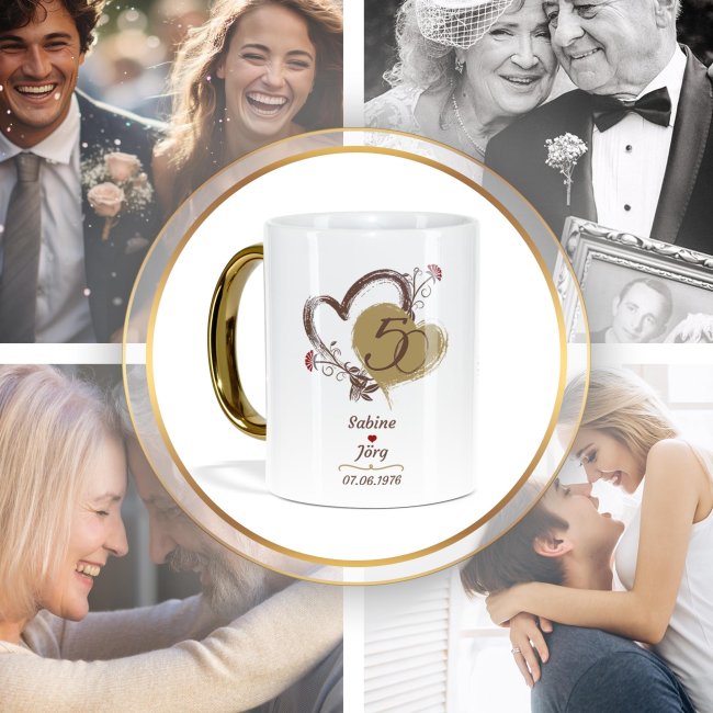 Tasse mit Goldhenkel zur Goldhochzeit - 50 Jahre Liebe ist ein Weg - mit Namen und Datum