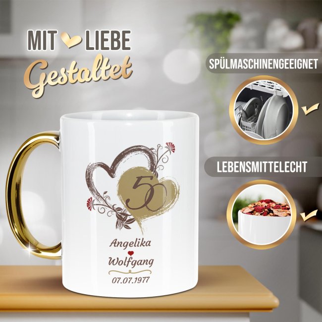Tasse mit Goldhenkel zur Goldhochzeit - 50 Jahre Liebe ist ein Weg - mit Namen und Datum