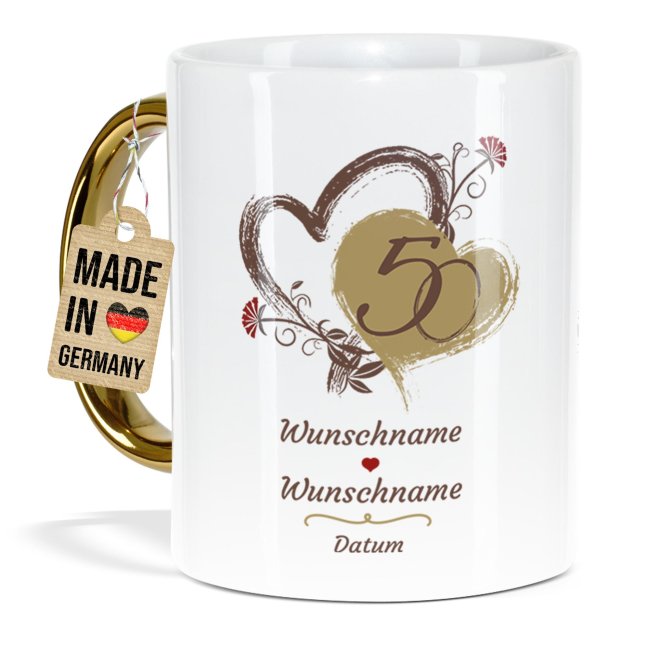 Tasse mit Goldhenkel zur Goldhochzeit - 50 Jahre Liebe ist ein Weg - mit Namen und Datum