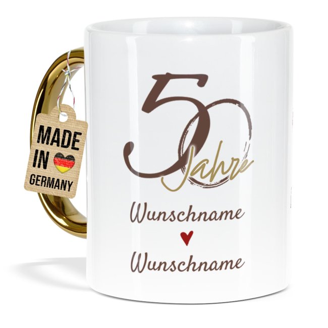 Tasse mit Goldhenkel zur Goldhochzeit - 50 Jahre Unsere Liebe w&auml;chst mit jedem Jahr - mit Namen und Datum