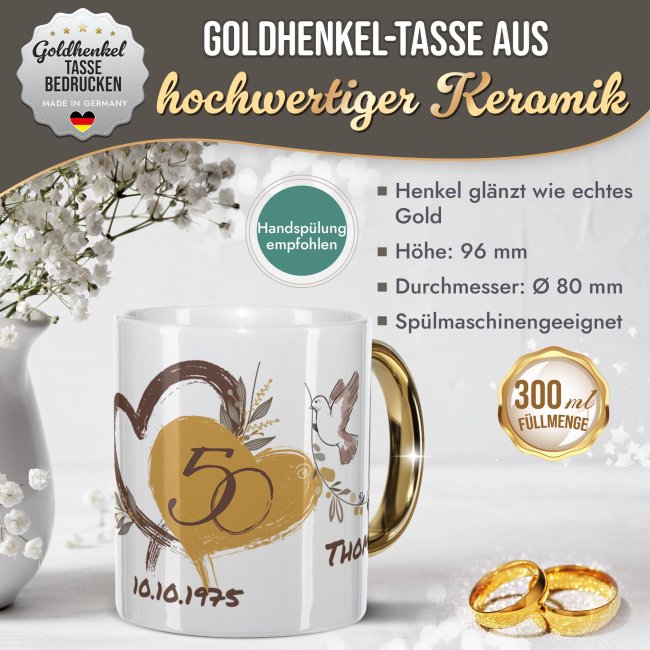 Tasse mit Goldhenkel zur Goldhochzeit - 50 Jahre Tauben - mit Namen und Datum
