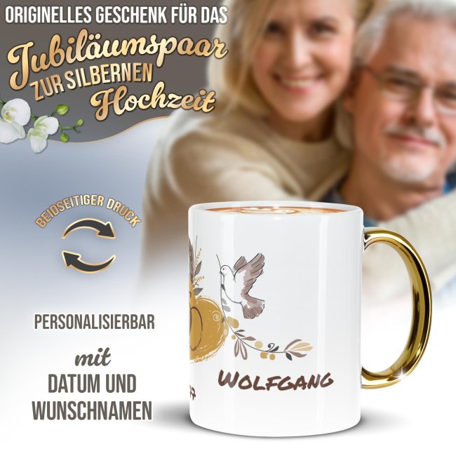 Tasse mit Goldhenkel zur Goldhochzeit - 50 Jahre Tauben - mit Namen und Datum