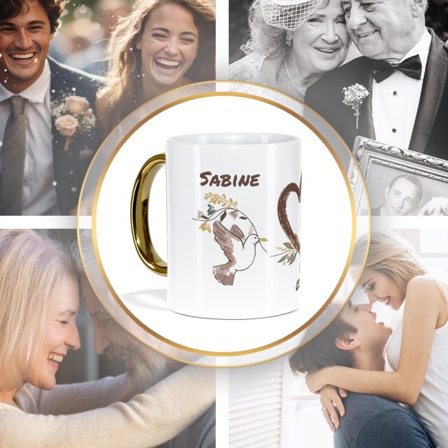 Tasse mit Goldhenkel zur Goldhochzeit - 50 Jahre Tauben - mit Namen und Datum