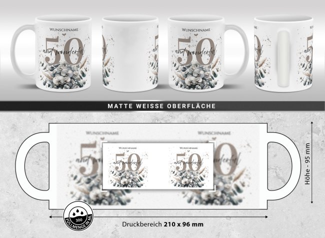 Tasse zum 50. Geburtstag - Wonderful - Matt wei&szlig;