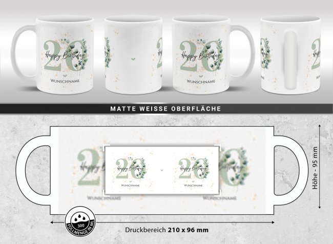 Tasse zum 20. Geburtstag - Happy Birthday - Matt wei&szlig;