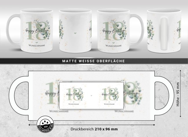 Tasse zum 18. Geburtstag - Happy Birthday - Matt wei&szlig;