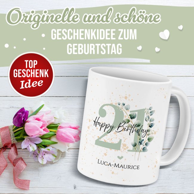 Tasse zum 21. Geburtstag - Happy Birthday - Matt wei&szlig;
