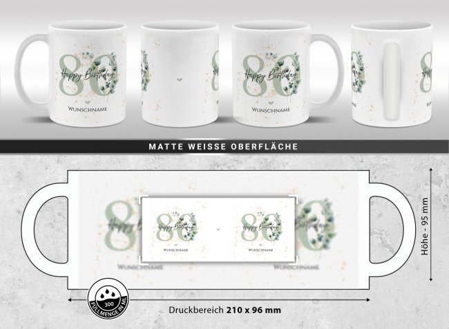 Tasse zum 80. Geburtstag - Happy Birthday - Matt wei&szlig;