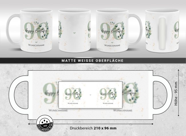 Tasse zum 90. Geburtstag - Happy Birthday - Matt wei&szlig;