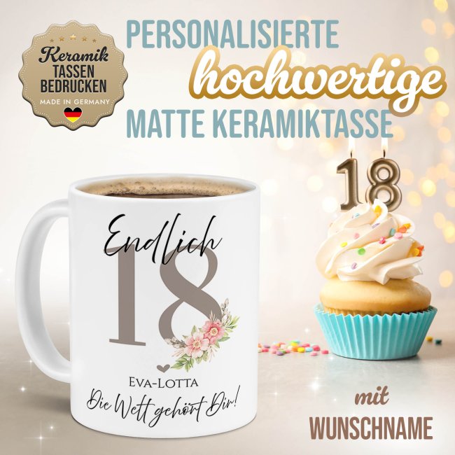 Tasse zum 18. Geburtstag - Die Welt geh&ouml;rt Dir - Matt wei&szlig;