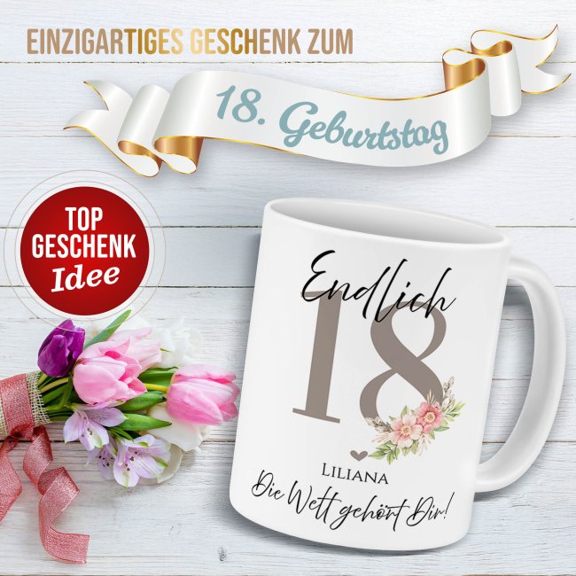 Tasse zum 18. Geburtstag - Die Welt geh&ouml;rt Dir - Matt wei&szlig;