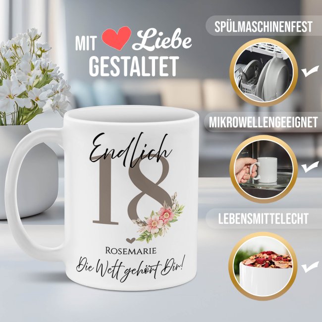 Tasse zum 18. Geburtstag - Die Welt geh&ouml;rt Dir - Matt wei&szlig;