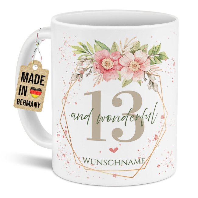 Tasse zum 13. Geburtstag - Wonderful mit Kranz - Matt wei&szlig;