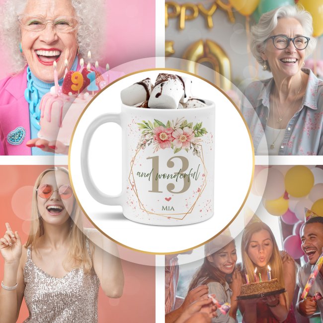 Tasse zum 13. Geburtstag - Wonderful mit Kranz - Matt wei&szlig;