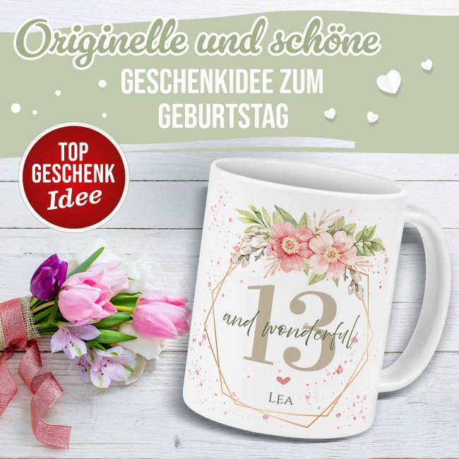 Tasse zum 13. Geburtstag - Wonderful mit Kranz - Matt wei&szlig;