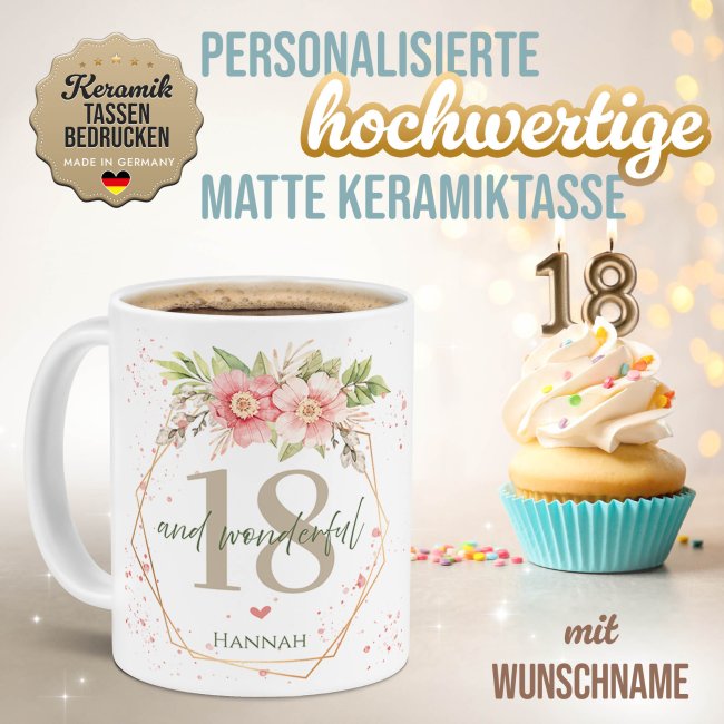 Tasse zum 18. Geburtstag - Wonderful mit Kranz - Matt wei&szlig;