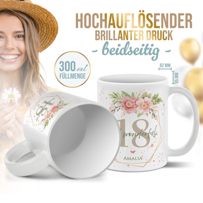 Tasse zum 18. Geburtstag - Wonderful mit Kranz - Matt wei&szlig;