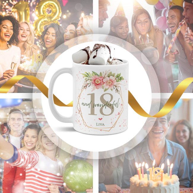 Tasse zum 18. Geburtstag - Wonderful mit Kranz - Matt wei&szlig;