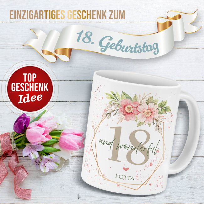 Tasse zum 18. Geburtstag - Wonderful mit Kranz - Matt wei&szlig;