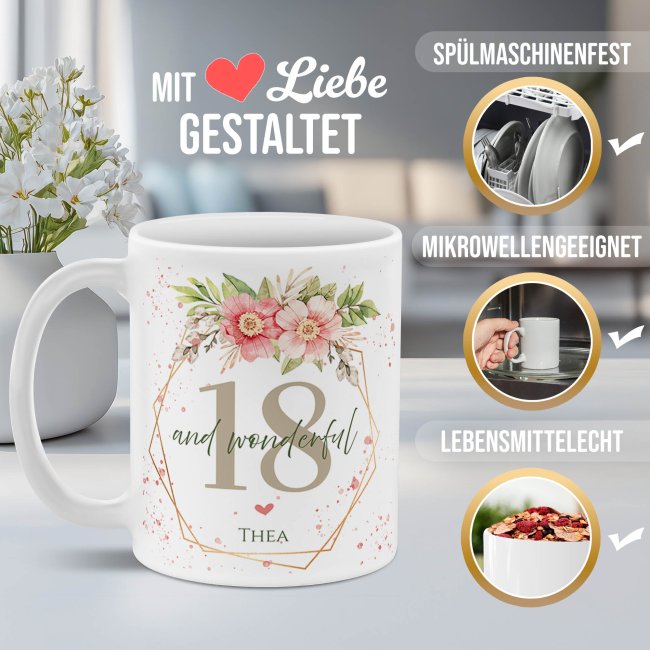 Tasse zum 18. Geburtstag - Wonderful mit Kranz - Matt wei&szlig;