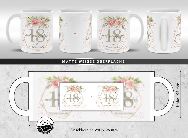Tasse zum 18. Geburtstag - Wonderful mit Kranz - Matt wei&szlig;