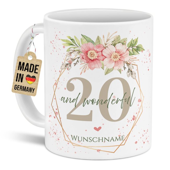 Tasse zum 20. Geburtstag - Wonderful mit Kranz - Matt wei&szlig;